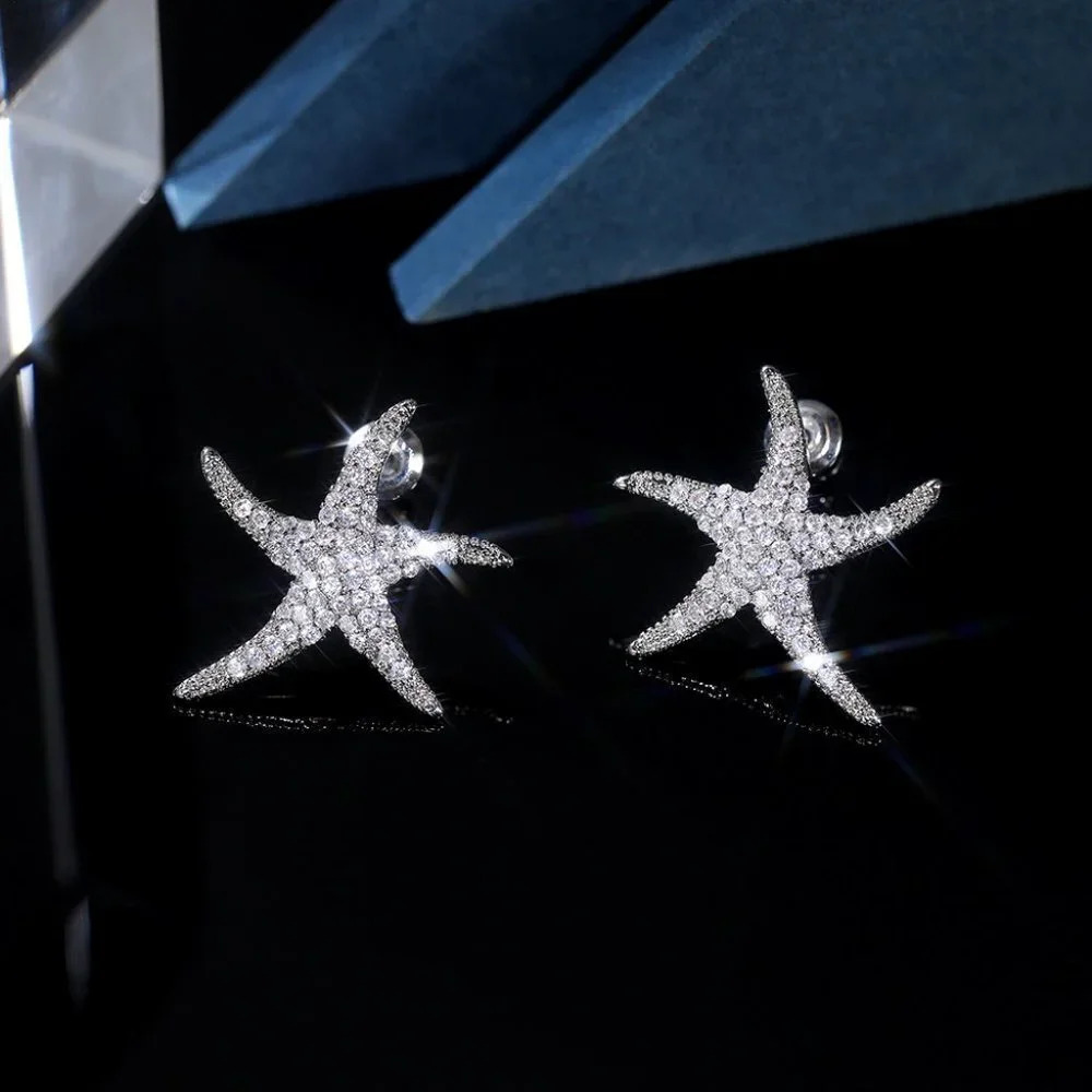 Vivid Starfish Full Zircon Stud Earrings for Women, EVGG1038